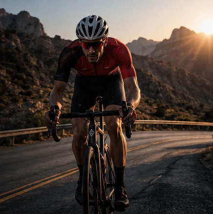 Ciclista de ruta con jersey rojo rodando en una carretera de montaña al atardecer
