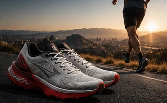 Tenis de running sobre el asfalto y un corredor al atardecer