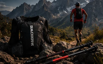 Mochila de hidratación y bastones de trail con un corredor en la montaña